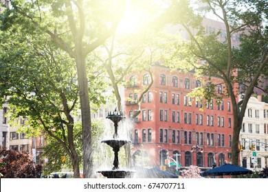  Summer Scene With Fountain And Historic Buildings In Madison Square Park In Manhattan, New York City NYC