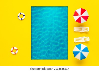 Summer Scene With Swimming Pool, Sun Umbrella And Sunbed. Minimal Summer Holiday Concept Background. Tropical Party Top View.