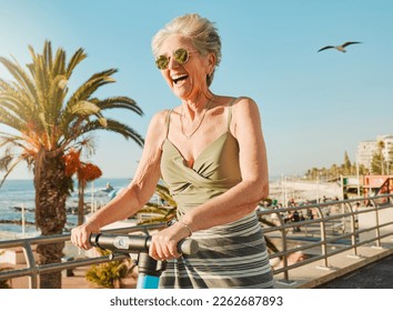 Summer, scooter and happy senior woman enjoy beach day on weekend, retirement holiday and vacation. Travel lifestyle, journey and excited elderly female smile on adventure, freedom and relax in Miami - Powered by Shutterstock