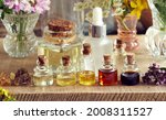 Summer selection of aromatherapeutic essential oils with frankincense, blooming oregano and other herbs and flowers