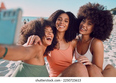 Summer selfie, beach and black women friends enjoy holiday, vacation and weekend travel together. Happiness, ocean and group of people smiling, laughing and fun for social media picture at sea - Powered by Shutterstock