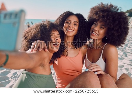 Summer selfie, beach and black women friends enjoy holiday, vacation and weekend travel together. Happiness, ocean and group of people smiling, laughing and fun for social media picture at sea