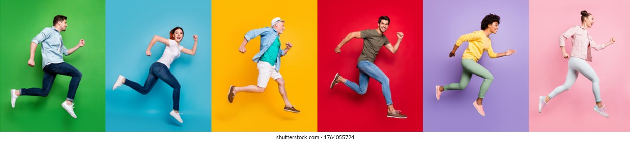 Summer shopping concept. Panoramic photo сollage of full body five diverse funny funky style afro trendy in good mood motion casual outfit crowd of people running to reach target isolated background - Shutterstock ID 1764055724