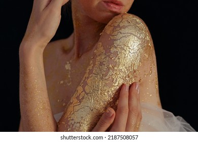 Summer Skin Sare, Sunburn, Dry Skin Concept. Woman With Glitter Glowing Golden Skin, Body Art..