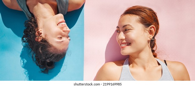 Summer, Skincare And Relax Friends Sun Tanning Outdoors, Bonding While Lying And Talking Together. Young Carefree Women Enjoying Free Time And Stress Relief Together While Sunbathing And Having Fun