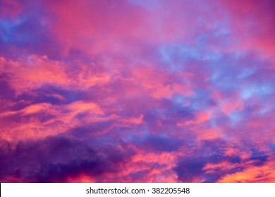 Summer Sky With Orange And Purple Clouds At Sunset Time.