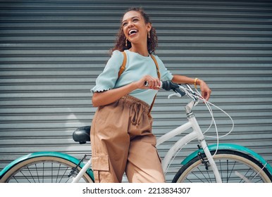 Summer, smile and girl with bicycle in city to explore, journey and outdoor adventure. Fashion, beauty and happy young girl with bike in road. Cycling, carbon footprint and student in urban street - Powered by Shutterstock