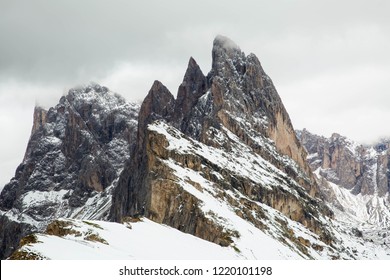 Summer snow over the Odle Mountain Group, Italian Dolomites. A view from Seceda viewpoint. 