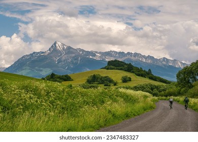 Summer sport activities. Cyclist riding in the high Tatras, with peak Krivan at background in Slovakia.