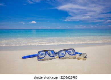 Summer Sport, Beach Activity Beach Recreational Banner. Diving Goggles Snorkel Gear On White Sand Near Sea Waves. Panoramic Vacation And Recreational Travel Background. Fun Freedom Adventure Lifestyle