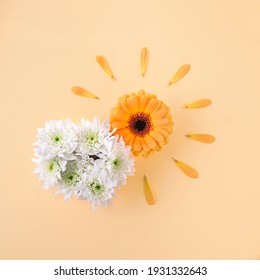 Summer And Spring Minimal Layout With Daisy Flower And White Chrysanthemum Forming The Shape Of Sun And Cloud On Yellow Background. 