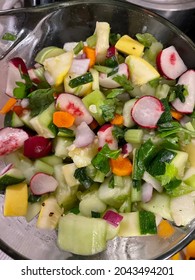 Summer Squash Salad With Yellow And Zucchini Squash Fresh Radishes Carrots Cucumbers Celery Topped With A Sweet Vinaigrette Salad Dressing.