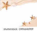 Summer star fish and seashell on beach sand decoration for banner with white background