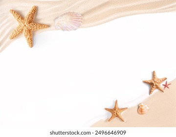 Summer star fish and seashell on beach sand decoration for banner with white background - Powered by Shutterstock