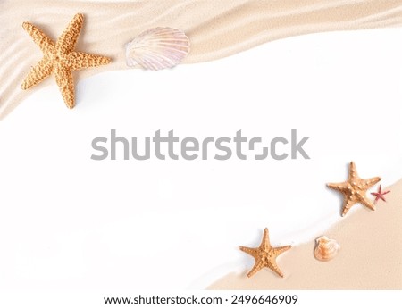 Summer star fish and seashell on beach sand decoration for banner with white background