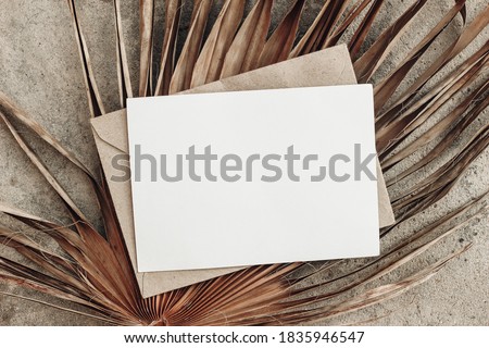 Summer stationery still life. Closeup of blank card mock-up and craft envelope on dry palm leaf. Grunge beige concrete background. Flat lay, top view, tropical vacation concept. Moody boho design.