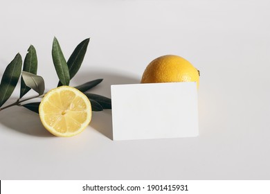 Summer Stationery Still Life Scene. Cut Lemon Fruit And  Olive Tree Branch On White Table Background In Sunlight. Closeup Of Blank Business Card Mockup, Long Shadows. Top View. Branding Concept.