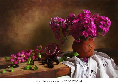 Summer Still Life With Phlox And BlackBerry And Clematis