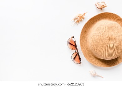 Summer Straw Hat Beach, Seashells And Sunglasses On A White Background Mockup