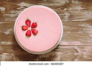 Summer Strawberry Mousse Cake With Fresh Berries On The Wooden Background Top View