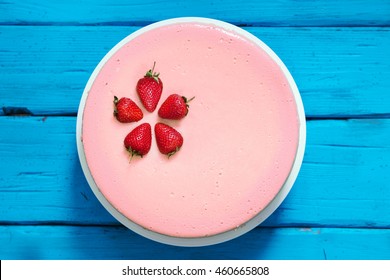 Summer Strawberry Mousse Cake With Fresh Berries On The Wooden Background Top View