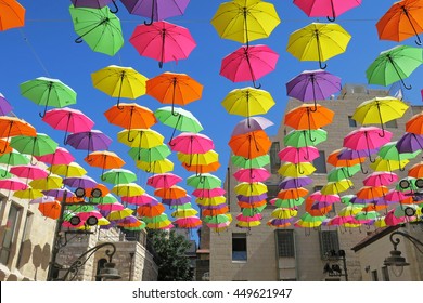 Summer Street Festival With Flying Umbrellas In Jerusalem