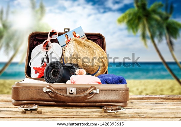 Summer Suitcase On Board Free Space Stock Photo Edit Now 1428395615