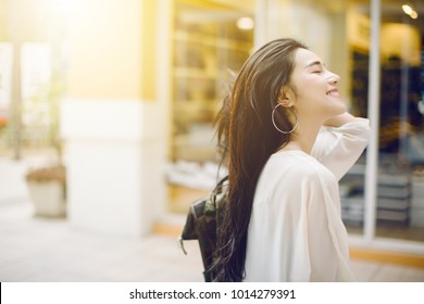 Summer Sunny Lifestyle Fashion Portrait Of Young Stylish Hipster Asia Woman Walking On The Street, Wearing Cute Trendy Outfit