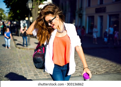 Summer Sunny Lifestyle Fashion Portrait Of Young Stylish Hipster Woman Walking On Street,wearing Cute Trendy Outfit,drinking Hot Latte,smiling Enjoy Weekends,travel With Backpack,coffee,rest,lounge