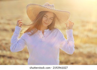 Summer Sunny Portrait Of A Happy Girl, Female Happiness Sun Glare Straw Field Country Style