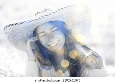 Summer Sunny Portrait Of A Happy Girl, Female Happiness Sun Glare Straw Field Country Style