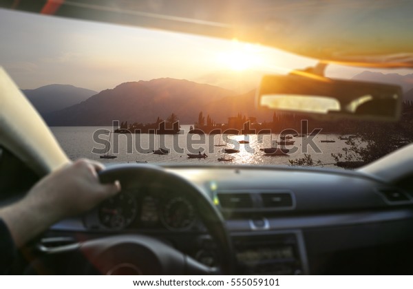 summer sunset and car interior\
