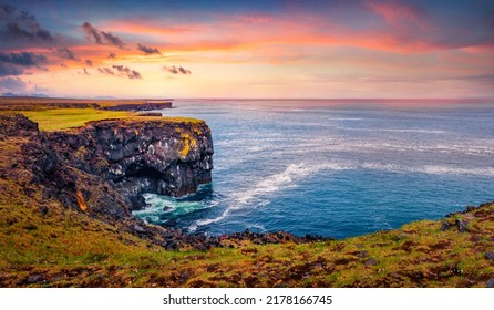 Summer sunset with endless horizon on Snafellsnes peninsula. Breathtaking seascape on Atlantic ocean, west of Borgarfjordur location, Iceland, Europe. Beauty of nature concept background.