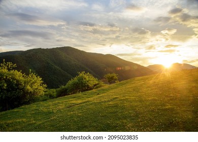 summer sunset in the mountains landscape. Carpathian mountains in western Ukraine.