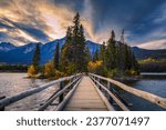 Summer sunset at the Pyramid Lake and the little Pyramid Island in Jasper National Park, Alberta, Canada.