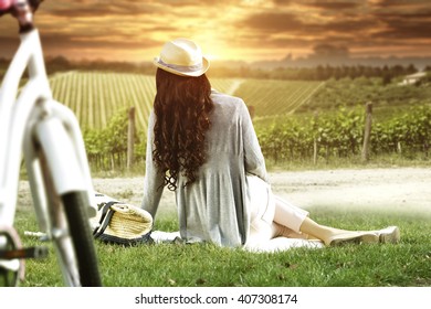 Summer Sunset Time In Tuscany And Closeup Of White Bike And Woman And Free Place 