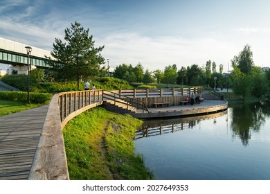 Summer sunset view of Yuzhnoe Butovo park in South Butovo district, Moscow, Russia.