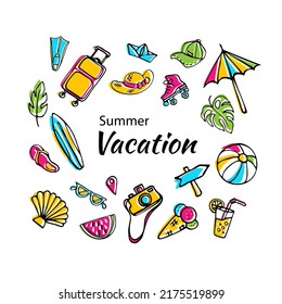 Summer symbols doodle collection. Various sketches, vacation and tourism theme. Stylish hand drawn and roughly colored designs for social media, prints for bullet journal or memo etc