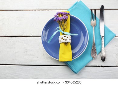 Summer Table Setting  On Color Wooden Background