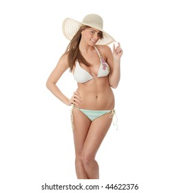 Summer Teen Girl In Bikini And Hat, Isolated On White Background