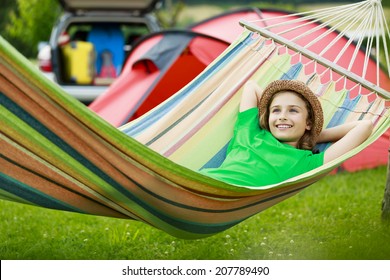 Summer In The Tent - Young Girl With Family On The Camping