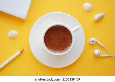 Summer Themed Top View Desk With Turkish Coffee.