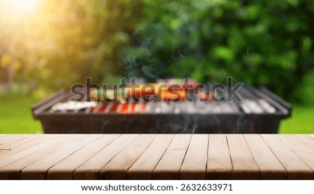 summer time in the backyard with BBQ grill, wooden table, blurry background