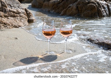 Summer Time In Provence, Two Glasses Of Cold Rose Wine On Sandy Beach Near Saint-Tropez In Sunny Day, Var Department, France