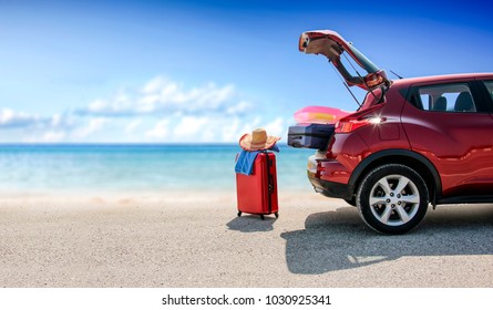 Summer Time And Red Car On Beach With Few Suitcase. Free Space For Your Text Or Product. 