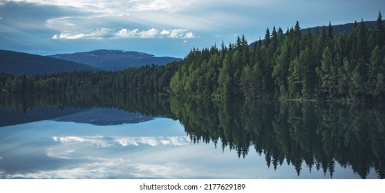 Summer Time Scenic Nordland County Lake In The Norway Panoramic Format. Scandinavian Landscape Theme.