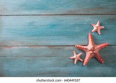 Summer Time Sea Vacation Background With Star Fish, Marine Rope On Dark Blue Background