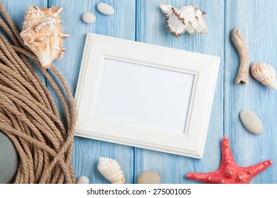 Summer Time Sea Vacation With Blank Photo Frame, Star Fish And Marine Rope 