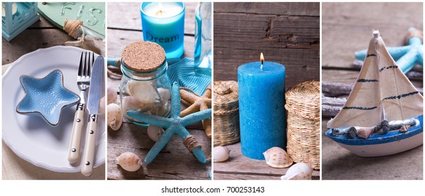 Summer time site header.Collage from photos with ocean or coastal living decorations. Decorative  boat, star fish, bottle with ocean treasures , blue candle, place setting on wooden  background. 