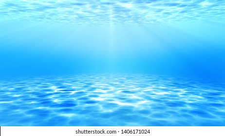 Summer Time Under Sea Ocean In Clean And Clear Water With Ray Of Sunlight From Surface For Background Concept Design